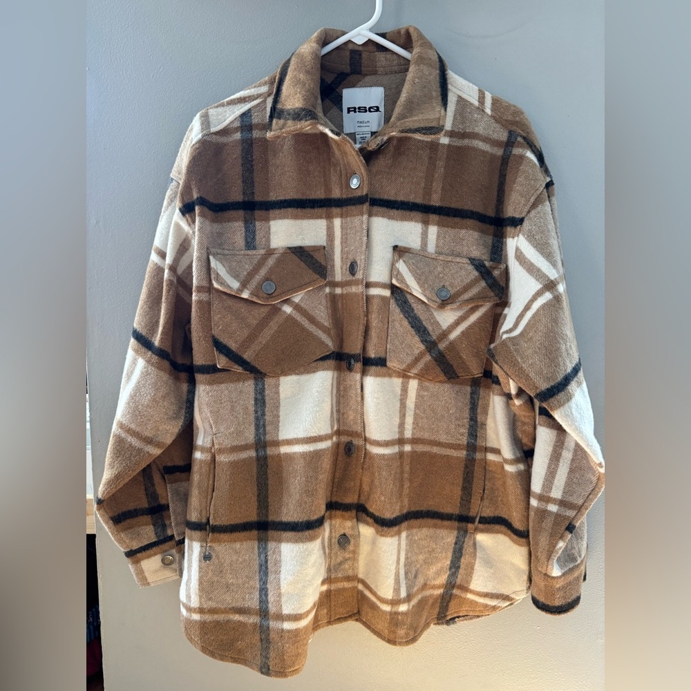 Women’s RSQ Flannel Jacket - Medium Cream Brown Oversized